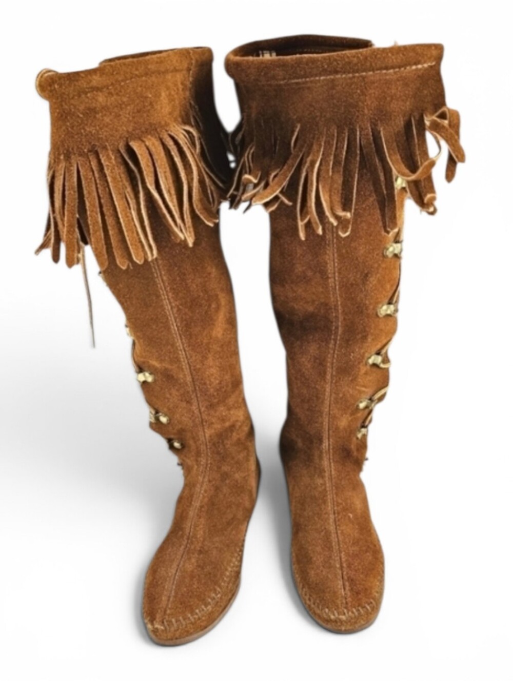Vintage Suede Lace Up Moccasin Fringe Boots in Umber Brown Women's Size 5 - Picture 3 of 12